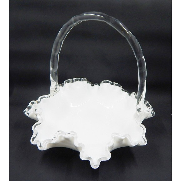 Fenton Silver Crest Milk Glass Basket Ruffled Handle White Clear - Picture 2 of 10